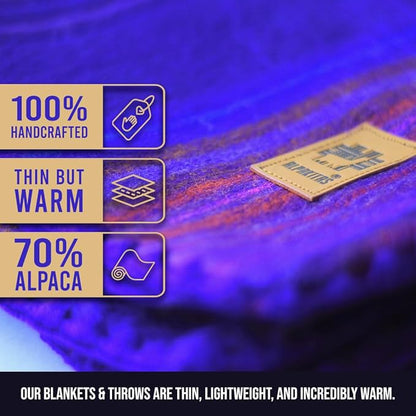 Alpaca Wool Blanket - Twin Size Bed Throw & Warm, Lightweight, Couch or Camp - Outdoor - 75 x 38 Inches (Blue & Purple)