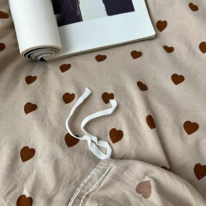 Light Khaki Duvet Cover Full 3Pcs Chocolate Brown Love Heart Bedding Set Simple Fashion Love Heart Shaped Pattern Bedding Reversible Soft Microfiber Zipper Closure