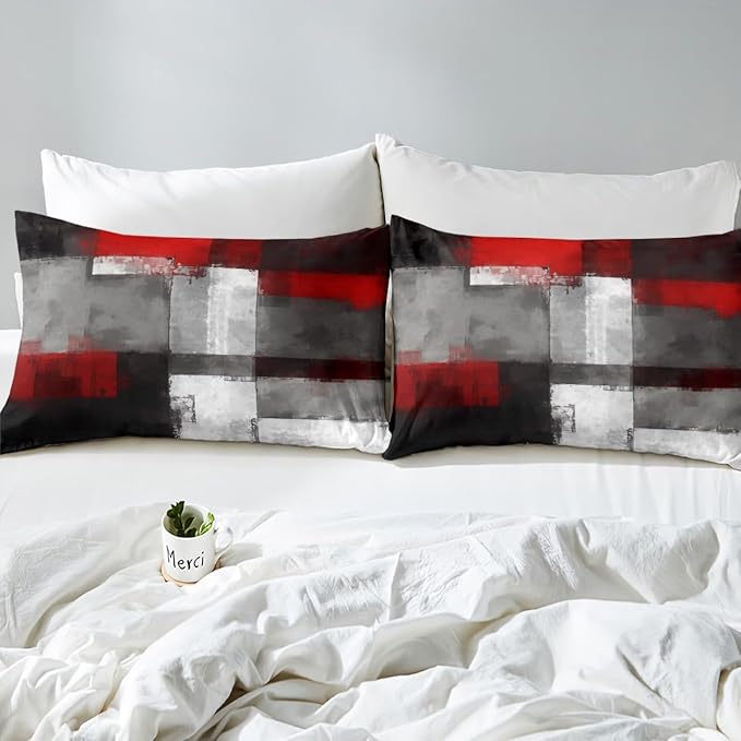 Geometric Duvet Cover Set Queen for Kids Boys,Red Grey Black Rectangle Bedding Set with 2 Pillowcases Oil Painting Comforter Cover,Abstract Graffiti Art Quilt Cover 3pcs, Polyester (No Comforter)