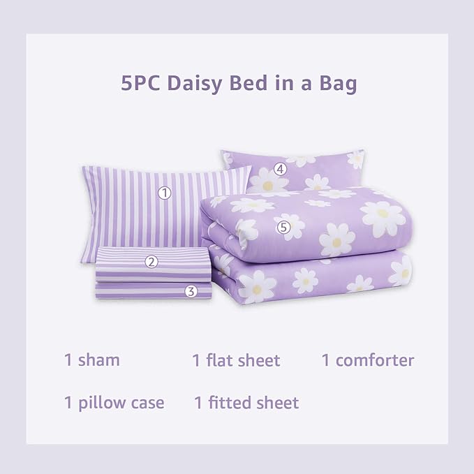 Twin XL Comforter Set for Girls, Purple Daisy Kids Bedding Set Reversible with Cute Floral, All Season Bed in a Bag Dorm 5 Pieces with Sheets, Pillowcase & Sham