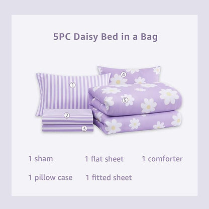 Twin XL Comforter Set for Girls, Purple Daisy Kids Bedding Set Reversible with Cute Floral, All Season Bed in a Bag Dorm 5 Pieces with Sheets, Pillowcase & Sham