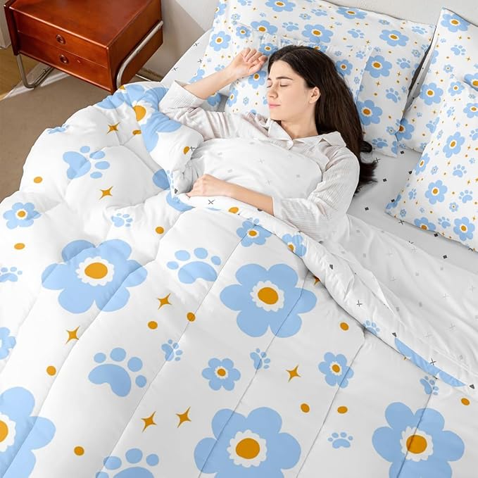 Feelyou Blue Flower 7 Piece Bedding Set Cute Dog Paw Print Comforter Set with Sheets for Kids Boys Girls Star Print Bed in a Bag Kawaii Bed Set Soft Lightweight