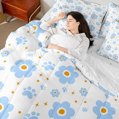 Feelyou Blue Flower 7 Piece Bedding Set Cute Dog Paw Print Comforter Set with Sheets for Kids Boys Girls Star Print Bed in a Bag Kawaii Bed Set Soft Lightweight