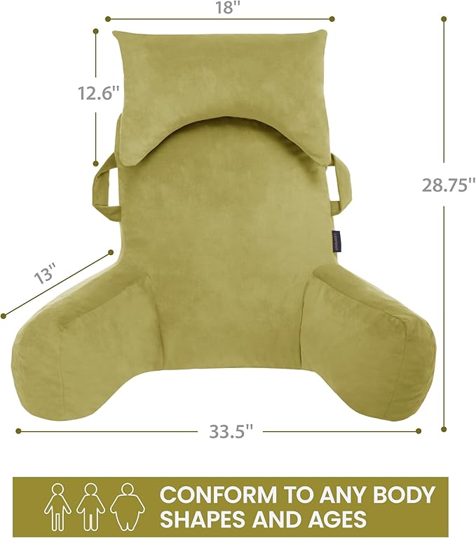 Portable Reading Pillows with Headrest for Bed Sitting Up(Pale Green Oeko-Tex), Velvet Back Pillow with Arms & Pockets for Adults, Support Memory Foam Bed Pillow for Dorm/Watching/Gaming