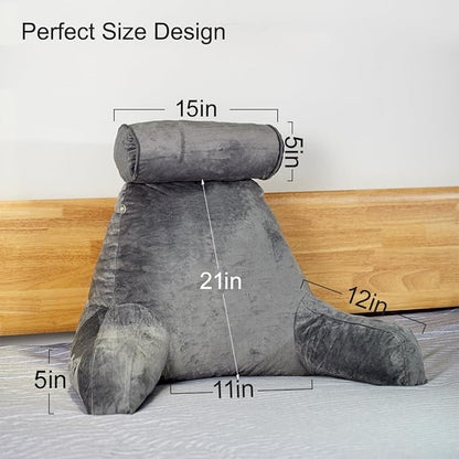 Extra Large Reading Pillow for Sitting in Bed Adult with Detachable Neck Support Cushion & Backrest Pillow for Bed with Arms and Side Pocket Shredded Foam Back Pillow with Washable Cover