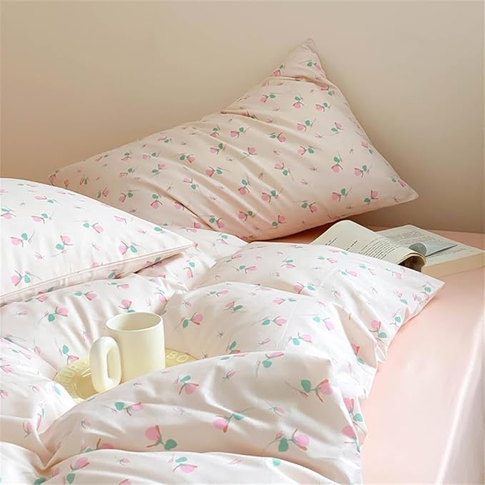 Floral Duvet Cover Queen Size Pink Flower Coquette Bedding Set 3 Pieces Kids Boys Girls Princess Style Green Botanical Reversible Ultra Soft Breathable Duvet Cover Set