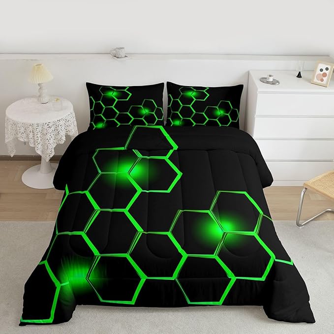 Feelyou Honeycomb Kids Comforter Set Modern Hexagon Bedding Set for Boys Children Teens Bedroom Decor Geometrical Comforter Beehive Geometric Black Green Duvet Set Queen Size with 3 Pillow Case