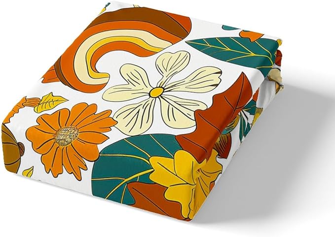 70s Groovy Hippie Retro Bedding Set Queen Size,Vintage Fall Floral Leaves Duvet Cover Set for Children Bedroom Present, Mushroom Pumpkin Rainbow Microfiber Comforter Cover with 2 Pillowcases