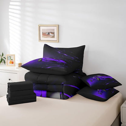 Feelyou Boys Purple Race Car 7 Piece Bedding Set Queen Size Speed Sports Car Comforter Set with Sheets for Kids Teens Adult Fast and Furious Bed in a Bag Purple Ombre Bed Set