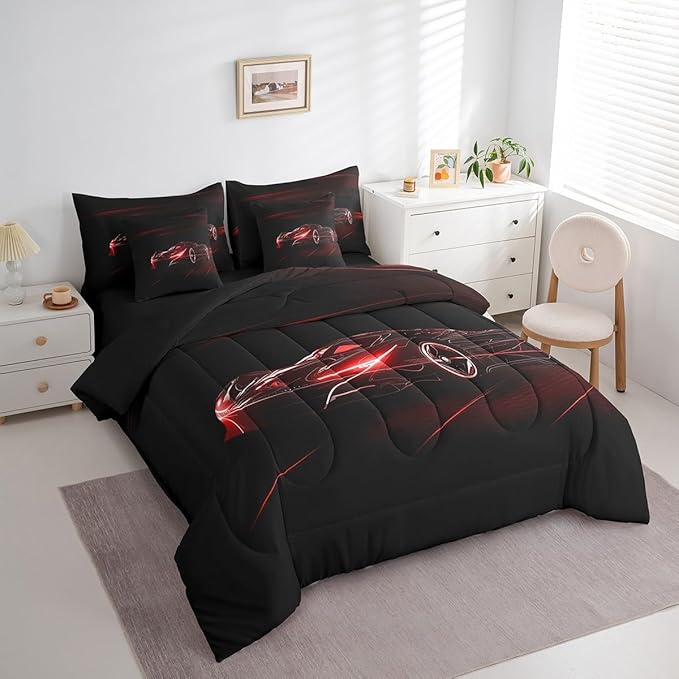 Feelyou Red Race Car 7 Piece Bedding Set Full Size for Kids Boys Extreme Sport Games Comforter Set with Sheets Teens Toddler Fast and Furious Bed in a Bag Cool Modern Bed Set