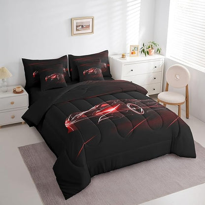 Feelyou Red Race Car 7 Piece Bedding Set Full Size for Kids Boys Extreme Sport Games Comforter Set with Sheets Teens Toddler Fast and Furious Bed in a Bag Cool Modern Bed Set