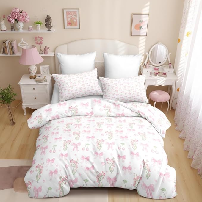 Bow Duvet Cover Queen Size Pink Floral Coquette Bedding Set with Cherry Kids Boys Girls Cute Heart Bowknot Reversible Soft Microfiber Duvet Cover Set 3 Pieces with 2 Pillowcases