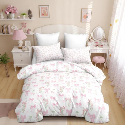 Bow Duvet Cover Queen Size Pink Floral Coquette Bedding Set with Cherry Kids Boys Girls Cute Heart Bowknot Reversible Soft Microfiber Duvet Cover Set 3 Pieces with 2 Pillowcases