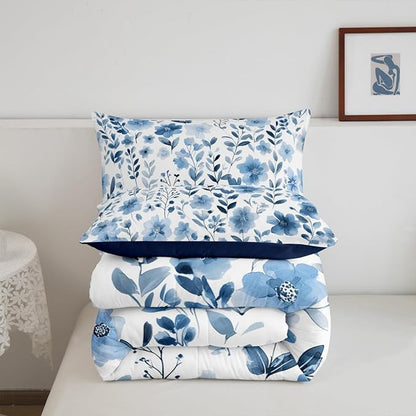 Erosebridal Blue and White Floral Toddler Bedding Set,Vintage Navy Blue Flower Comforter Set for Kids Girls,Botanical Plant Leaves Bed Set,Farmhouse Flowers Room Decor,1 Pillowcase Breathable