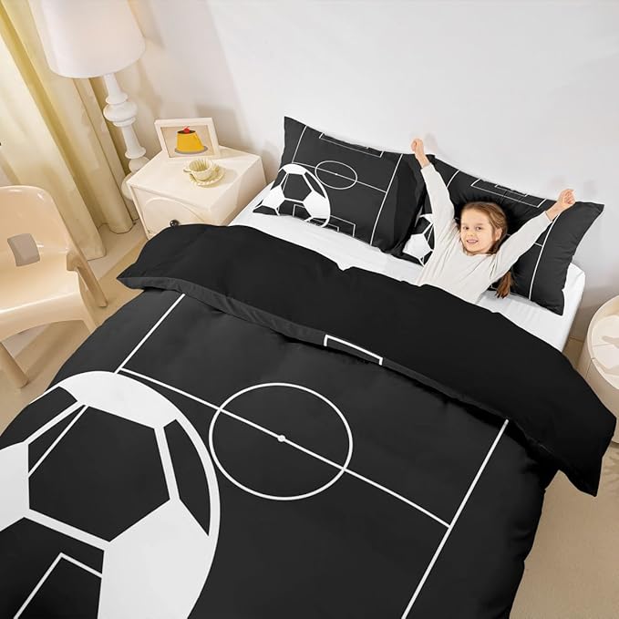 Football Field Print Duvet Cover Set Twin Size,Ball Sports Games Themed Comforter Cover for Kids Boys Bedroom Gift,Black White Football Goal Sporting Equipment Bedding Set with 1 Pillowcase, Polyester