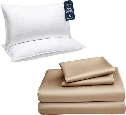 Beckham Hotel Collection Down Alternative Pillows & Cotton Sheets 4 Piece Set, 16" Deep Pocket, 2 Open End Pillowcases, King, Sand