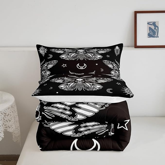 Boys Boho Moth Comforter Set Queen Size Men Gothic Skull Bedding Set for Girls Women Bedroom Decor Bohemian Moon Star Comforter Personalized Moth Skull Skeleton Bones Duvet Set Teens Quilt Set