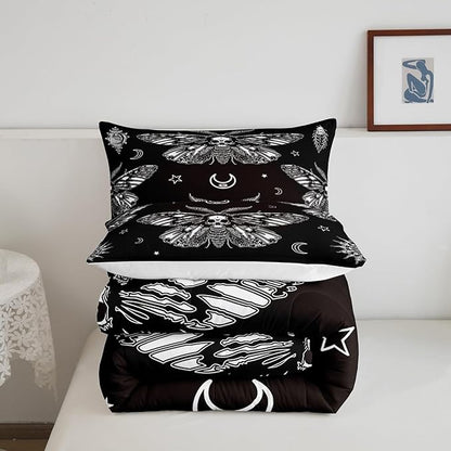 Feelyou Boys Boho Moth Comforter Set Toddler Size Men Gothic Skull Bedding Set for Girls Women Bedroom Decor Bohemian Moon Star Comforter Moth Skull Skeleton Bones Duvet Set Teens Quilt Set