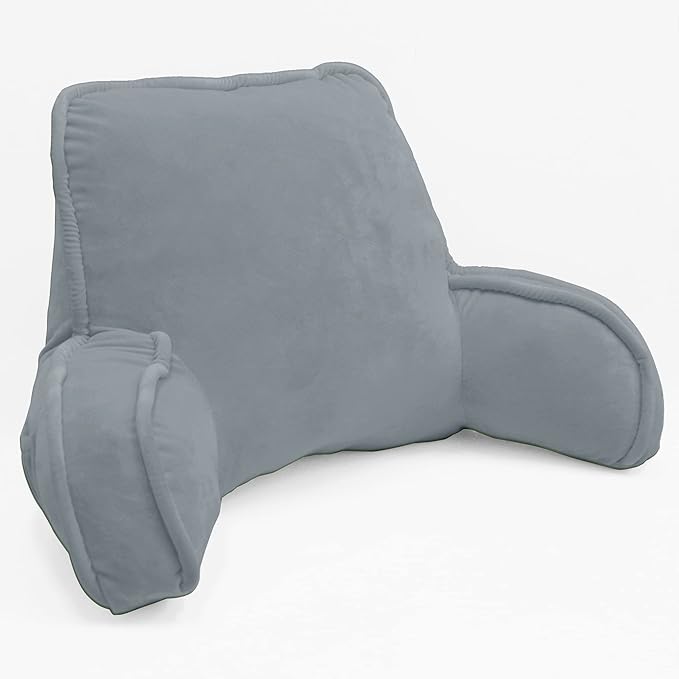 Super Soft Velvety Backrest Reading Bed Rest Pillow with Arms and Pockets 18" H for Sitting in Bed Couch Sofa, Back Support Wedge Cushion with Removable Cover, 20" x 18" x17", Griffin Gray