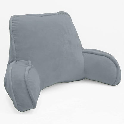 Super Soft Velvety Backrest Reading Bed Rest Pillow with Arms and Pockets 18" H for Sitting in Bed Couch Sofa, Back Support Wedge Cushion with Removable Cover, 20" x 18" x17", Griffin Gray