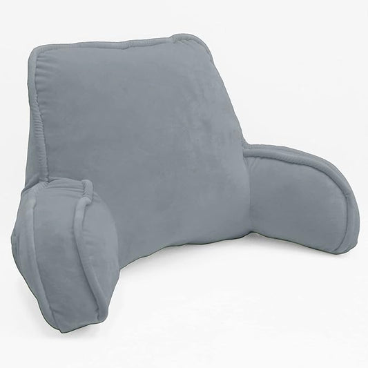 Super Soft Velvety Backrest Reading Bed Rest Pillow with Arms and Pockets 18" H for Sitting in Bed Couch Sofa, Back Support Wedge Cushion with Removable Cover, 20" x 18" x17", Griffin Gray