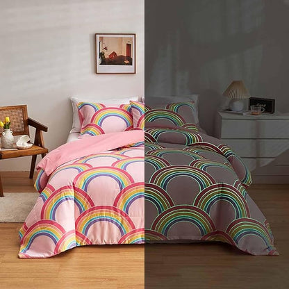 Feelyou Rainbow Glow in The Dark Comforter Set for Girls Kids Twin Pink Rainbow Bedding Set Super Soft Colorful Stripe Mermaid Scales Comforter Baby Girl Bedroom Pink Decor Bedding Quilted Duvet
