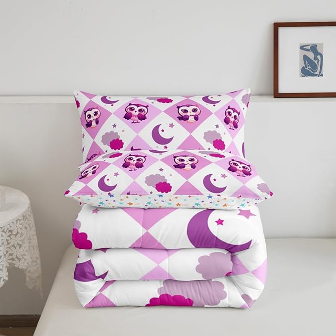 Castle Fairy Cartoon Owl Comforter Set Twin Size Hand Drawn Star Moon Bedding Set Kids Boys Girls Kawaii Jungle Animal All Season Quilt Set Pink Violet Checkered Plaid Bedding Comforter Sets,2Pcs