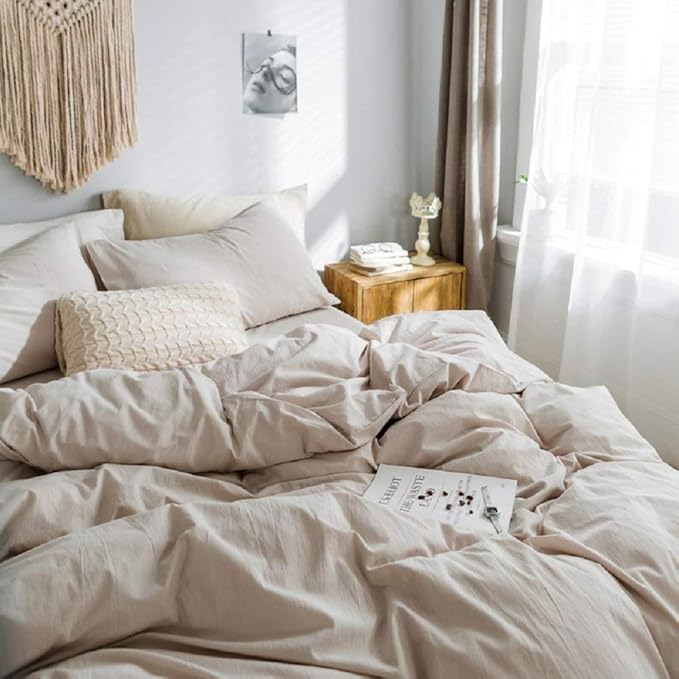 Beige Duvet Cover Queen, 100% Washed Cotton Linen Like Textured Solid Color Casual Modern Style Beige Bedding Set, with Zipper Closure, Luxury Soft Relaxed Feel Natural Wrinkled Comfy (3pcs, Queen)