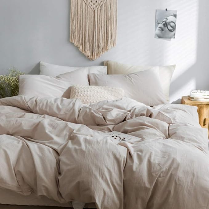 Beige Duvet Cover Queen, 100% Washed Cotton Linen Like Textured Solid Color Casual Modern Style Beige Bedding Set, with Zipper Closure, Luxury Soft Relaxed Feel Natural Wrinkled Comfy (3pcs, Queen)