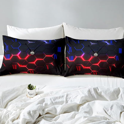 Honeycomb Comforter Covet Full Size,Red and Blue Neon Hexagon Geometric Duvet Cover Set with 2 Pillowcases,Abstract Clock Bedding Set for Boys Teens Bedroom Decor (No Comforter), Soft Polyester