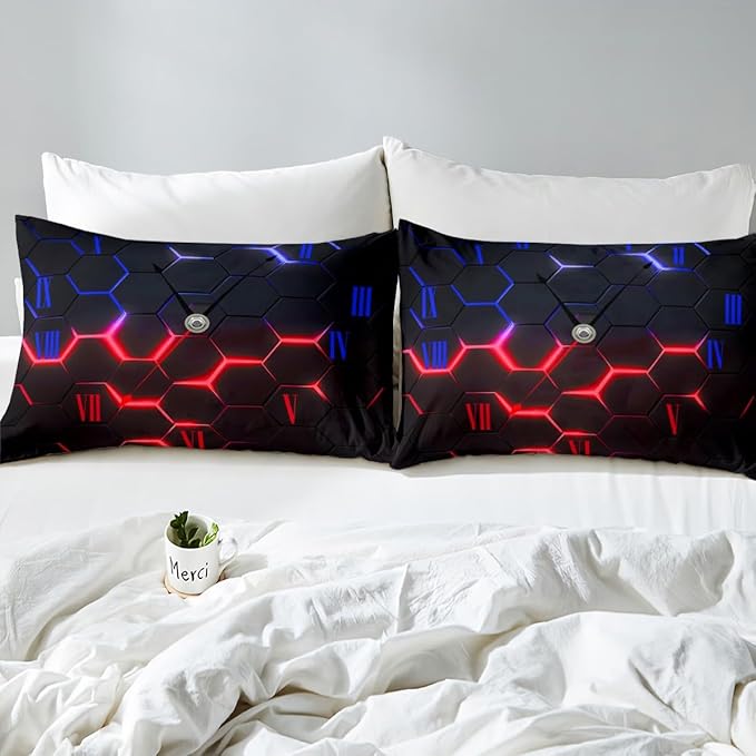 Honeycomb Hexagon Duvet Cover Set King Size,Red Blue Neon Light Geometric Comforter Cover with 2 Pillowcases,Abstract Clock Art Microfiber Polyester Bedding Set for Kids Adult Bedroom, (No Comforter)