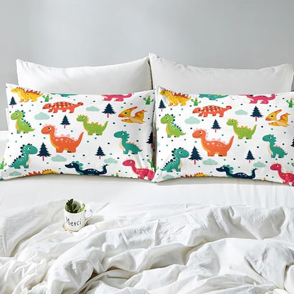 Cartoon Dino Kids Duvet Cover Queen Size,Cute Dinosaur Watercolor Wild Animal Duvet Cover Set for Children Adult,Kawaii Dino Dots Pine Cloud Print Soft Comforter Cover for Dorm Room, Zipper, Ties