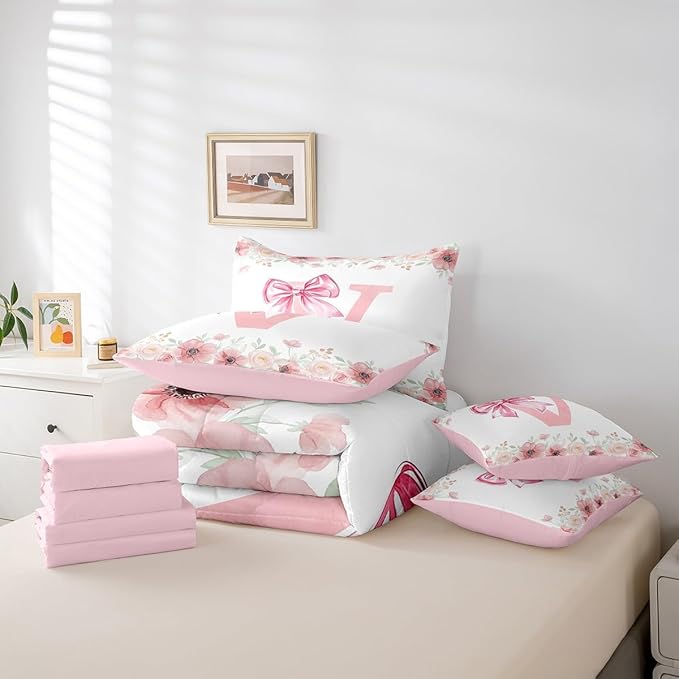 Erosebridal Initial Letter V Bed in A Bag Pink Bow Girls King Bedding Sets Kawaii Girly Bowknot Bed Set Bedroom Decor Spring Fresh Style Comforter Set with Sheets for Kids Teen Women 7-Piece