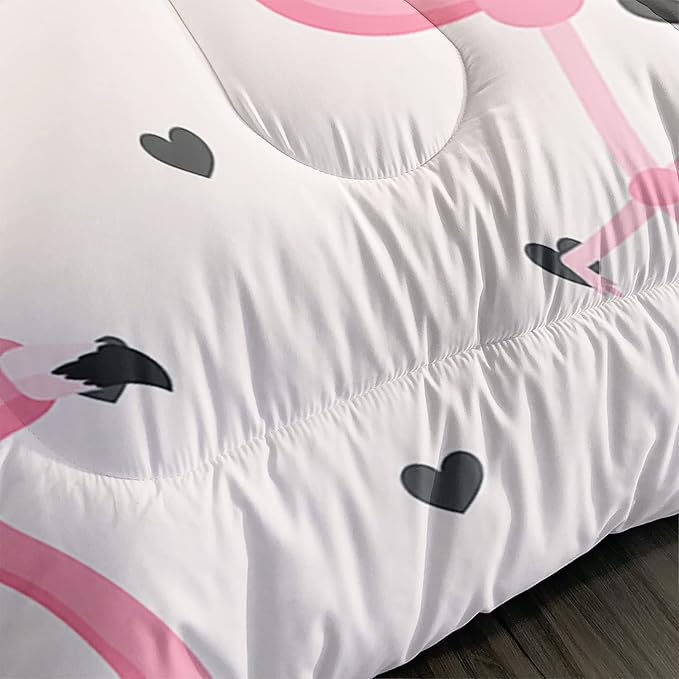 Flamingo Comforter Set Queen Size Tropical Pink Flamingo Love Heart Pattern Bedding Set Kawaii Quilted Duvet for Kids Girls Boys Adult with 1 Comforter and 2 Pillowcases