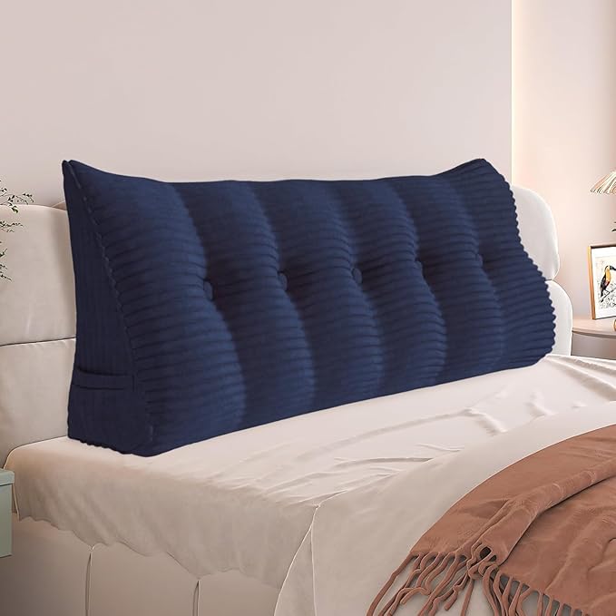 Daneey Headboard Wedge Pillow Bed Wedge Pillow for Headboard Bolster Reading Pillow for Bed Back Pillow for Sitting in Bed Wedge Pillow with Removable Corduroy Cover (Deep Blue, Queen)