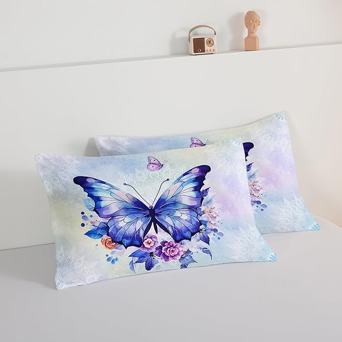 HOSIMA Floral Purple Butterfly Comforter-Soft Microfiber,Fantasy Butterfly Aesthetics King Size Bed in a Bag for Kids Girls Teens Women,Mandala Preppy Bedding 3Piece with 2 Pillow Shams.