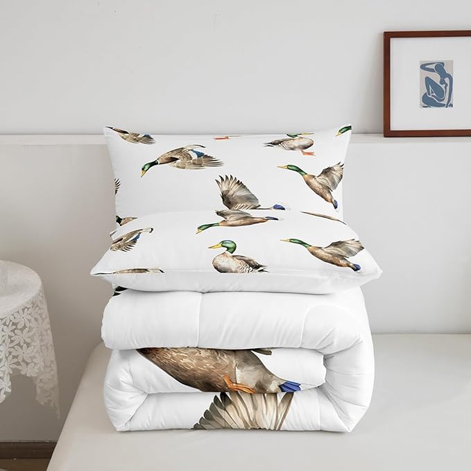 Feelyou Mallard Duck Bedding Set Hunting and Fishing Comforter Set Wild Animal Comforter for Boys Girls Kids Wildlife White Duvet Set Queen Size with 2 Pillow Case
