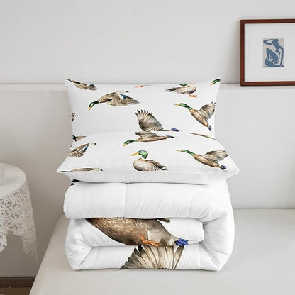 Feelyou Mallard Duck Bedding Set Hunting and Fishing Comforter Set Wild Animal Comforter for Boys Girls Kids Wildlife White Duvet Set Queen Size with 2 Pillow Case