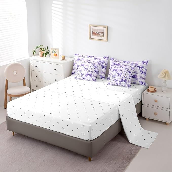 Feelyou Purple Bowknot 7 Piece Bedding Set Lavender Flower Comforter Set with Sheets for Kids Boys Girls Purple Stripe Bed in a Bag Princess Theme Bed Set Soft Lightweight
