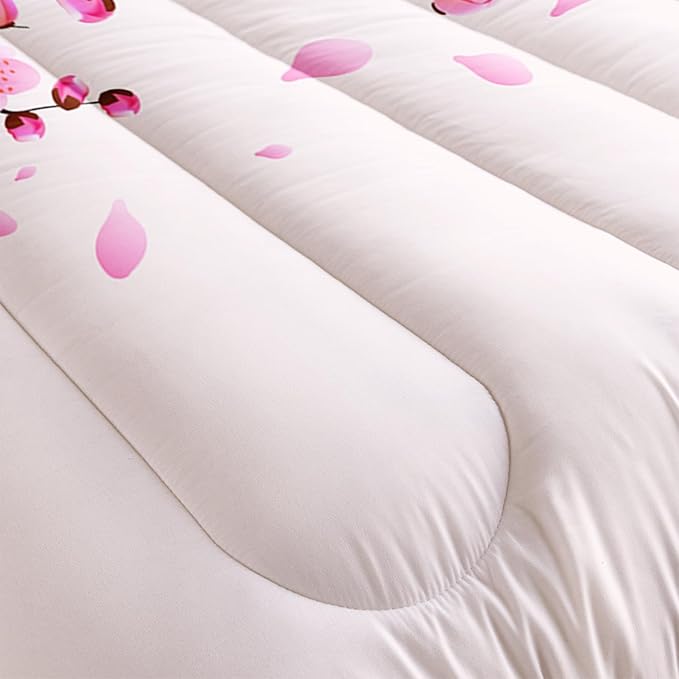 Cherry Blossoms Comforter Set Twin Size 3Pcs Romantic Theme Pink Bedding Set Girl Floral Down Quilt with 1 Comforter and 2 Pillowcases