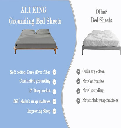 Ali King Grounding Sheets - California King Size, Soft Cotton with Silver Fiber, 15'' Deep Pocket Earth Grounding Fitted Bed Sheets for Improved Sleep (Light Gray, California King 72''*84''*15'')