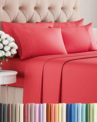 Queen Sheets Set 6 Piece - Bed Sheets Queen Size - Soft Hotel Luxury Bedding - Cooling, Comfy & Breathable - 1 Flat & 1 Fitted & 4 Pillowcases with Deep Pockets - Wrinkle Resistant & Fade Free - Red