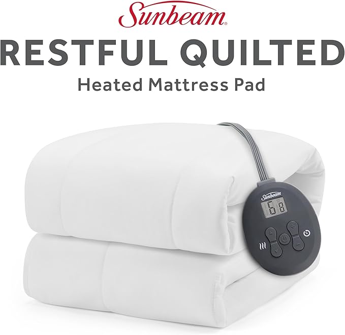 Sunbeam Electric Restful Quilted Heated Mattress Pad Twin 75" x 39" 12 Heat Settings 12-Hour Auto Shut-Off Extra-Cozy Fabric Deep Pocket Fit Machine Washable