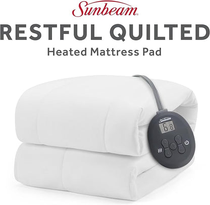 Sunbeam Electric Restful Quilted Heated Mattress Pad Twin 75" x 39" 12 Heat Settings 12-Hour Auto Shut-Off Extra-Cozy Fabric Deep Pocket Fit Machine Washable