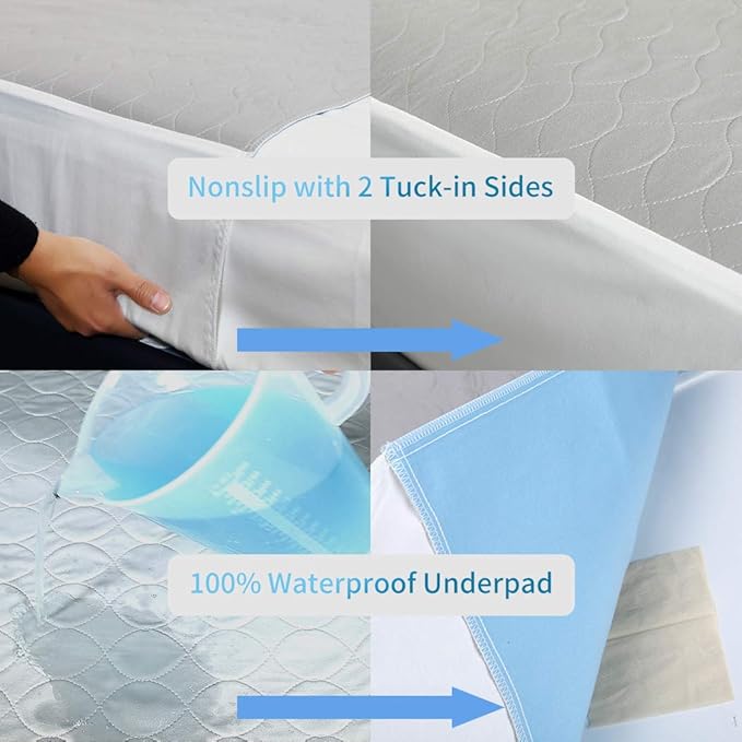Reusable Bed Pad (XXL 36×76 Inch) - Waterproof, Washable and Nonslip Incontinence Underpads with Tuck-Ins for Adults and Pets (King, Cal-King)