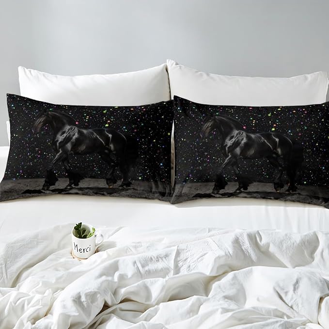 Castle Fairy Black Horse Duvet Cover Set Twin Size,Colorful Shiny Starry Sky Comforter Cover for Kids Boys Bedroom Gift,Animal and Space Themed Bedding Set with 1 Pillowcase Bedspread