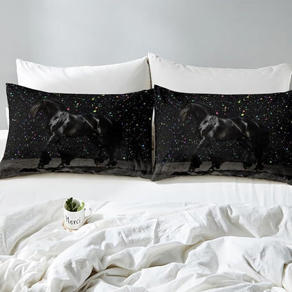 Castle Fairy Black Horse Comforter Cover Full Size,Colorful Shiny Starry Sky Duvet Cover with 2 Pillowcases,3 Piece,Animal and Space Themed Polyester Bedding Set for Boys Teens Bedroom Decor