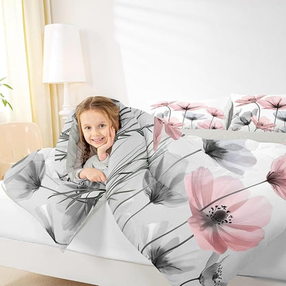 Erosebridal Cute Pink Floral Toddler Bedding Set,Pink and Grey Flower Comforter Set for Kids Girls,Boho Wildflower Bed Set,Rustic Country Flowers Room Decor with 1 Pillowcase,Breathable