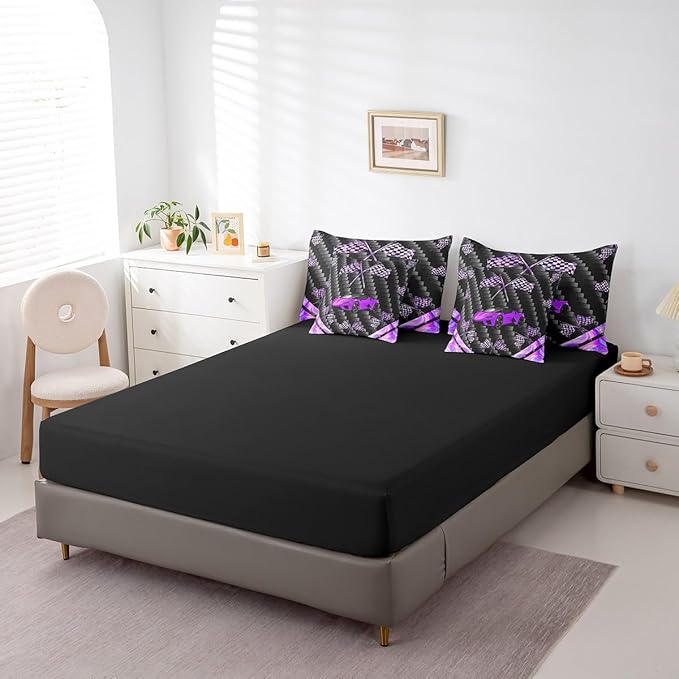 Feelyou Purple Race Car 7 Piece Bedding Set Full Size Extreme Sports Comforter Set with Sheets for Kids Teens Adult Fast and Furious Bed in a Bag Dazzling Flag Bed Set