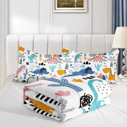 Cartoon Dinosaur Rainbow Comforter Set Twin 3Pc Kawaii Dinosaur Bedding Set All Season with Cactus, Coconut Tree Decoration Includes 1 Comforter, 2 Pillowcases for Kids Girls Teens